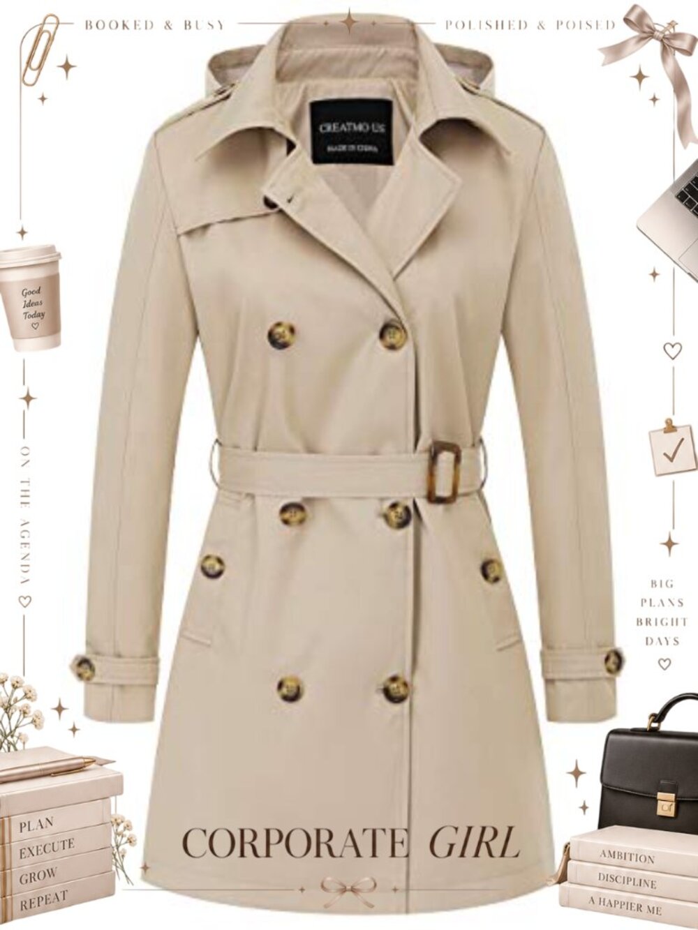 CREATMO US Women's Trench Coat Double-Breasted Classic Lapel Overcoat Belted